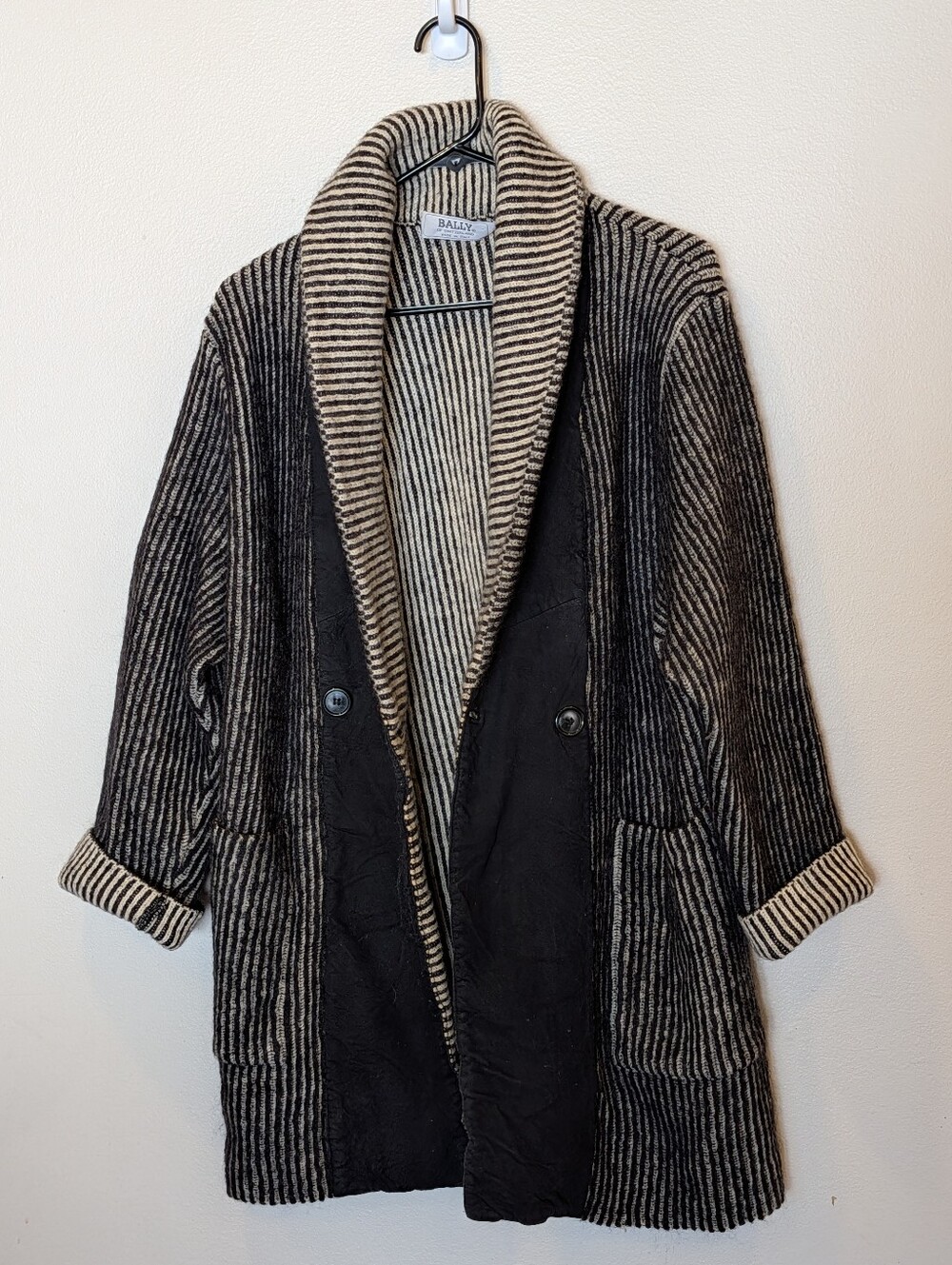 Bally Black Cream Striped Lambswool Shawl Collar Jacket Small Luxury Knit
